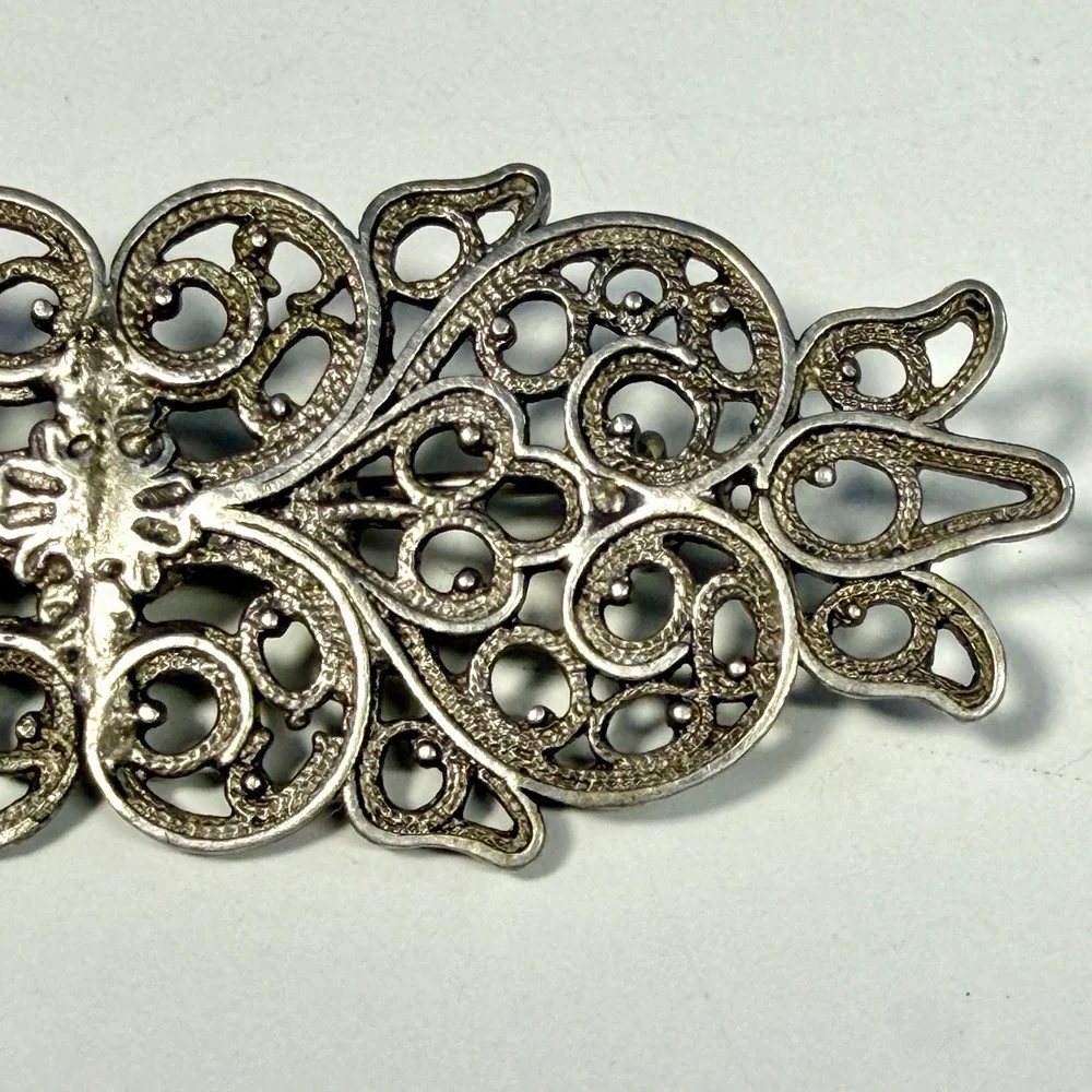 Antique Art Nouveau Filigree Brooch Silver Tone Ornate Open Scroll C Clasp 3